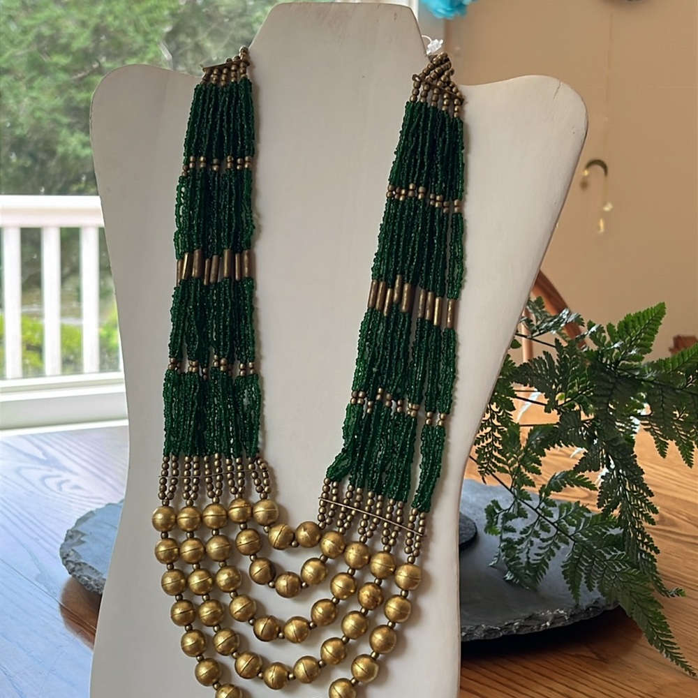 Green and Gold Beads Multilayered Statement Mixed Materials Artisan Necklace - Picture 11 of 17